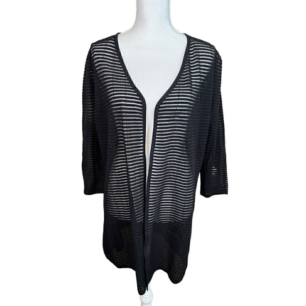 Alfani Women's Large Black Sheer Striped Semi-Long Open Front Cover Up